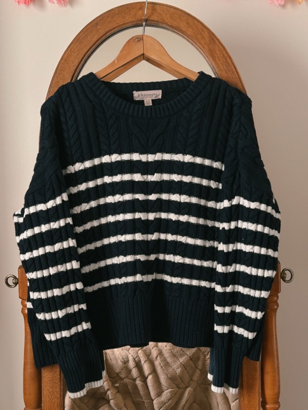 Philosophy Navy & White Striped Cable Crew Sweater